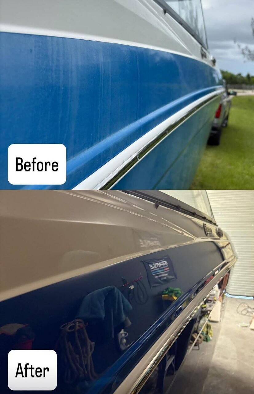 Before and after: a chalky, oxidised blue hull restored to a deep gloss