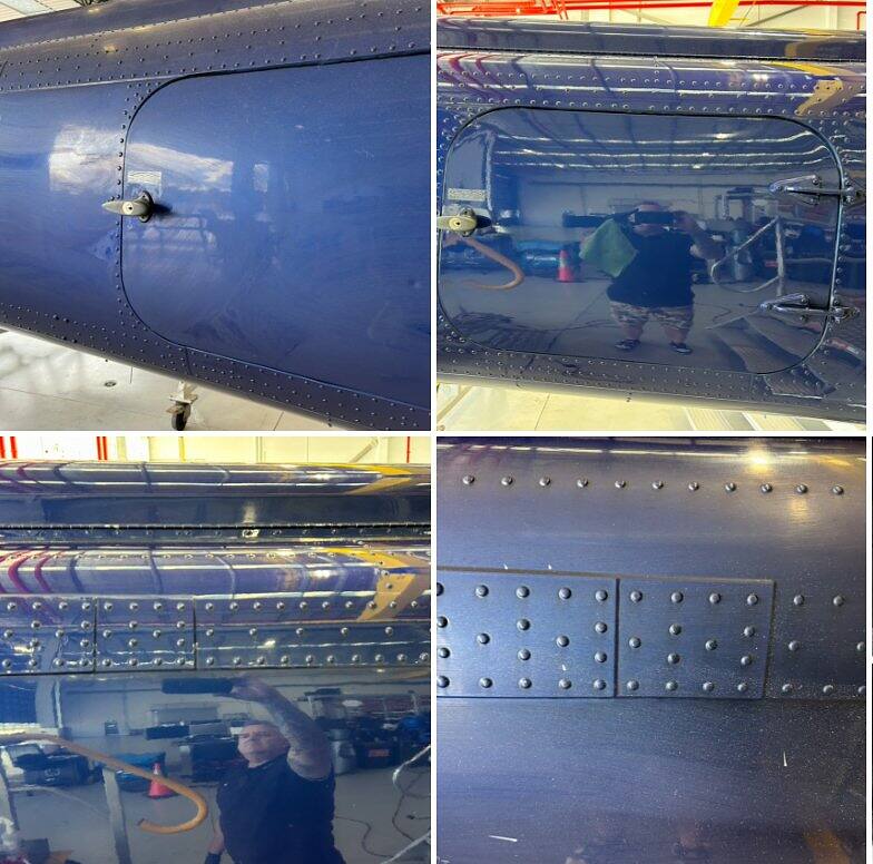 Hull polishing in progress: four views of a dark blue hull being machine polished